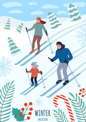 Happy young family on winter vacation. Skiing at the ski resort. Family time together in winter. Skiing in the mountains. New Year holiday. Winter vacation card. Flat Cartoon Vector Illustration