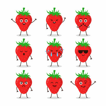 Cute strawberry fruit character set illustration design, collection of cute strawberry mascot template vector