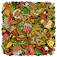 Fototapeta premium Fastfood hand drawn vector doodles illustration. Fast food poster design.