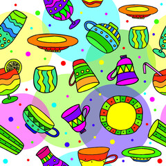 Hand drawn colorful cups and glasses. Kitchen elements collection seamless pattern. Vector illustration.
