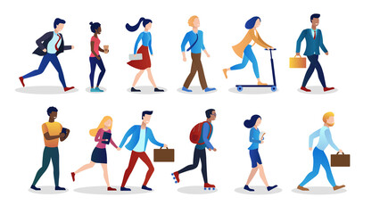 Fototapeta na wymiar Collection People. International office workers. Hurry to work. Morning weekdays. Different races, nationalities. Hipster, Geek, Workaholic, Programmer, Lazy employee. Flat Cartoon Vector Illustration