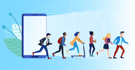 Group of Different people are running away from phone addiction. Modern people. Different races and nationalities. Exit to the real world. Modern Social Disease. Internet addiction. Flat Illustration