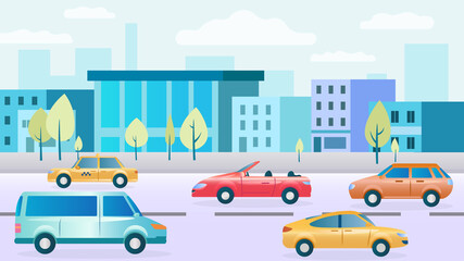 City street with cars. Modern houses, shops, sidewalks. Highway Traffic. Cars Collection. The bustle of the big city. City background. The problem of high traffic in cities. Flat Vector Illustration