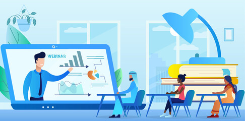 Professional online training. Multicultural group browsing the webinar. Education webinar banner. Distance Learning. Business courses. New technologies in education. Flat cartoon vector illustration.