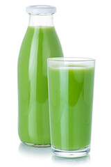 Green smoothie fruit juice drink in a bottle and glass isolated on white