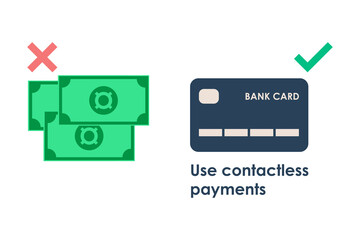 Fototapeta premium Don't Use Cash. Payment and Online Shopping. Use contactless payment. Pay by card, using POS terminal, shopping online concept. Business and Health concept. Vector illustration.
