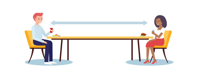 Social distancing concept illustration showing people in a restaurant