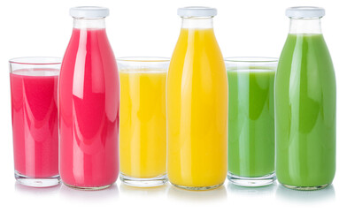 Fototapeta na wymiar Fruit juice drinks orange smoothie drink bottle and glass isolated on white