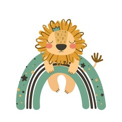 Cute lion on rainbow. Use this clipart to create baby shower invites, nursery art, birthday decor, greeting cards, children's clothing. Vector illustration.