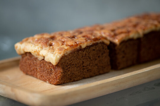 Close up image of walnut toffee cake