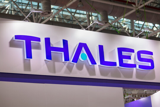 ZHUHAI, CHINA- NOVEMBER 7, 2018: THALES sign is seen during the 12th China International Aviation and Aerospace Exhibition, also known as Airshow China 2018