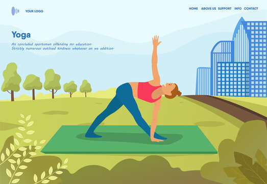 Woman doing yoga clothes doing yoga in big city park. Practices pose and breathing. With harmony with her body and thoughts. City silhouette in the background. Vector illustration of cartoon flat