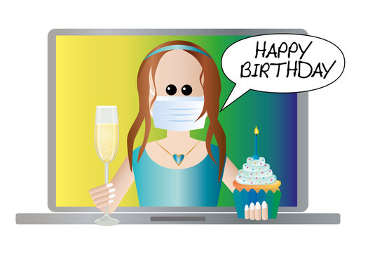 Virtueller Geburtstag Chat Glückwünsche Happy Birthday Computer Laptop Sekt Muffin Kuchen Frau Freundin Mutter Tochter Mundschutz