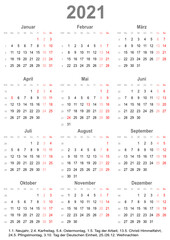 Einfacher Kalender 2021 mit gesetzlichen Feiertagen für Deutschland