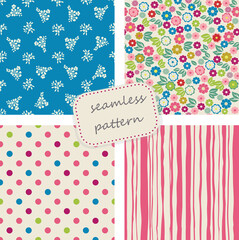 Set of vintage seamless colorful patterns in retro colors. Floral pattern. Hand drawn. Vector pattern  for ceramic tile, wallpaper, textile, invitation, greeting card, web page background.