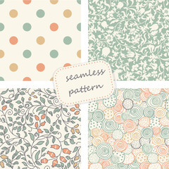 Fototapeta na wymiar Set of vintage seamless colorful patterns in retro colors. Floral pattern. Hand drawn. Vector pattern for ceramic tile, wallpaper, textile, invitation, greeting card, web page background.