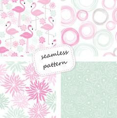 Set of 4 vintage seamless tropical patterns in retro colors. Hand drawn. Vector illustration for ceramic tile, wallpaper, textile, invitation, greeting card, web page background