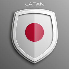 Shield with Japan Flag. Red sun on a white background. Protect privacy Illustration, badge icon. Banner presentation.