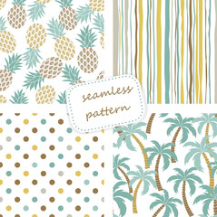 Set of 4 vintage seamless tropical patterns in retro colors. Hand drawn. Vector illustration for ceramic tile, wallpaper, textile, invitation, greeting card, web page background