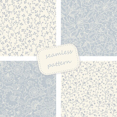 set of 4 vintage seamless patterns in blue and beige colors. Hand drawn. Vector illustration can be used for ceramic tile, wallpaper, textile, invitation, greeting card, web page background