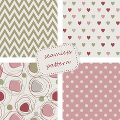 set of 4 vintage seamless colorful patterns in retro colors. Hand drawn. Vector illustration can be used for ceramic tile, wallpaper, textile, invitation, greeting card, web page background.