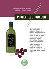 Green glass bottle of olive oil with purple olives. Simple design template for article, banner or recipe. Eco product card.