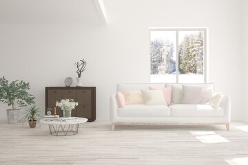 White living room with sofa and winter landscape in window. Scandinavian interior design. 3D illustration