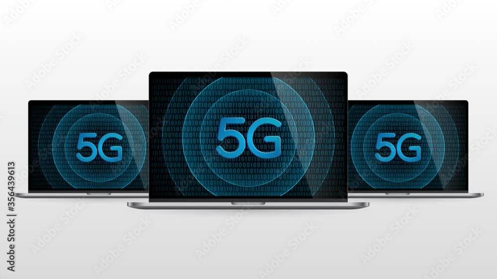 Poster laptop computer portable device with 5g network. realistic laptop monitor with 5g symbol in screen a
