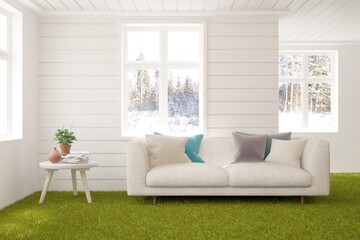 White living room with sofa and green grass floor. Scandinavian interior design. 3D illustration