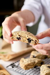 Triangle blueberry scones. a Traditional British baked good. set on cafe table.