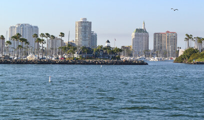 Long Beach modern city skyline, marina and Shoreline Village in City of Long Beach, Los Angeles County, California CA, USA.