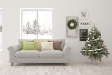 Winter new year interior of living room with sofa. Scandinavian design. 3D illustration