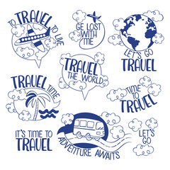 Travel stickers set. Bus rides on road. Plane flies in sky. Isolated vector object on white background. Lettering set. 