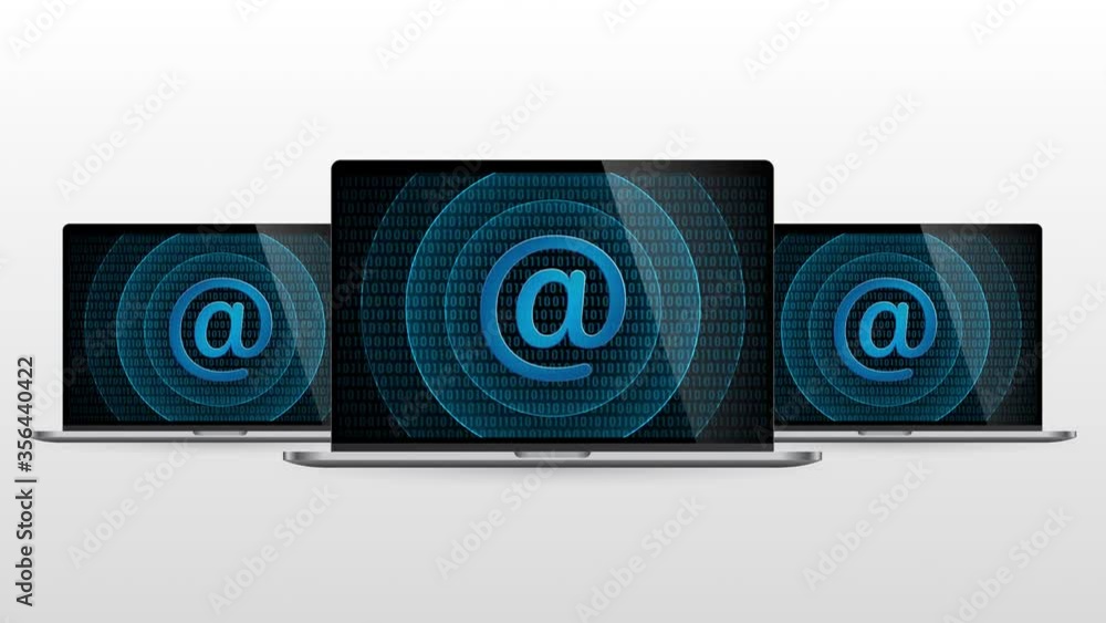 Poster laptop computer portable device with at sign internet icon. realistic laptop monitor with at-sign sy