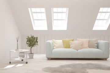 White living room with sofa. Scandinavian interior design. 3D illustration
