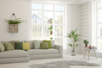 White living room with sofa and summer landscape in window. Scandinavian interior design. 3D illustration