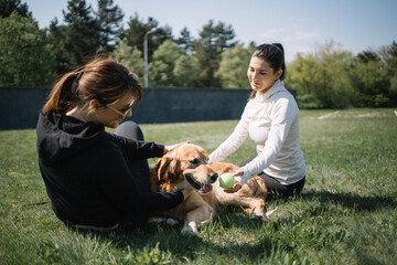 Pretty girls sitting on ground with dog and ball. Young women resting on grass in park with dog and holding tennis ball.