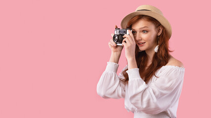 Photographer Girl Taking Photo On Retro Camera, Pink Background, Panorama