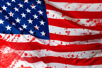 American flag with blood stains. USA national flag blood splatters. Blood stains as symbol of...