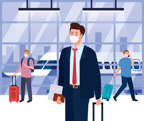 men wearing medical protection mask in airport terminal, traveling by airplane during coronavirus pandemic, prevention covid 19 vector illustration design