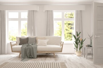 White living room with sofa and summer landscape in window. Scandinavian interior design. 3D illustration