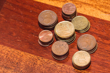 Euro coins in wood background.