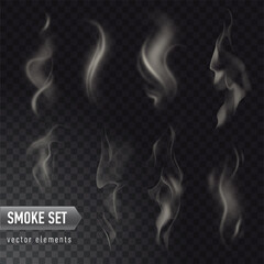 Set of high detailed smokes from hot food or drink isolated on transparent background