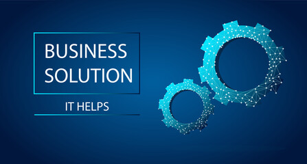 Business silution abstract banner n dark and blue colors. Polygonal low poly background with connecting dots and lines. Vector illustration with with space for text and interacting gears.