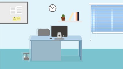 Office desktops background illustrations. Workplace business style. Table and computers in an open space. Flat style illustrations