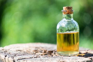 Orange essential oil bottle on a wooden stump on natural background.