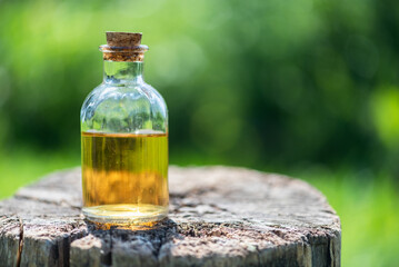 Orange essential oil bottle on a wooden stump on natural background.