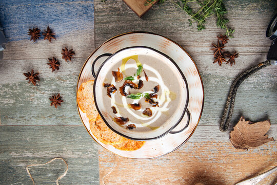 Top view on gourmet muchroom cream soup