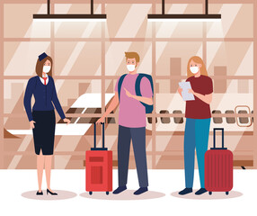 stewardess and couple wearing medical protection mask in airport terminal, traveling by airplane during coronavirus pandemic, prevention covid 19 vector illustration design