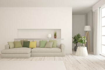 White living room with sofa. Scandinavian interior design. 3D illustration